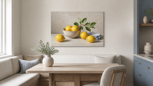 Lemon still life canvas wall art in a bright restrained breakfast nook
