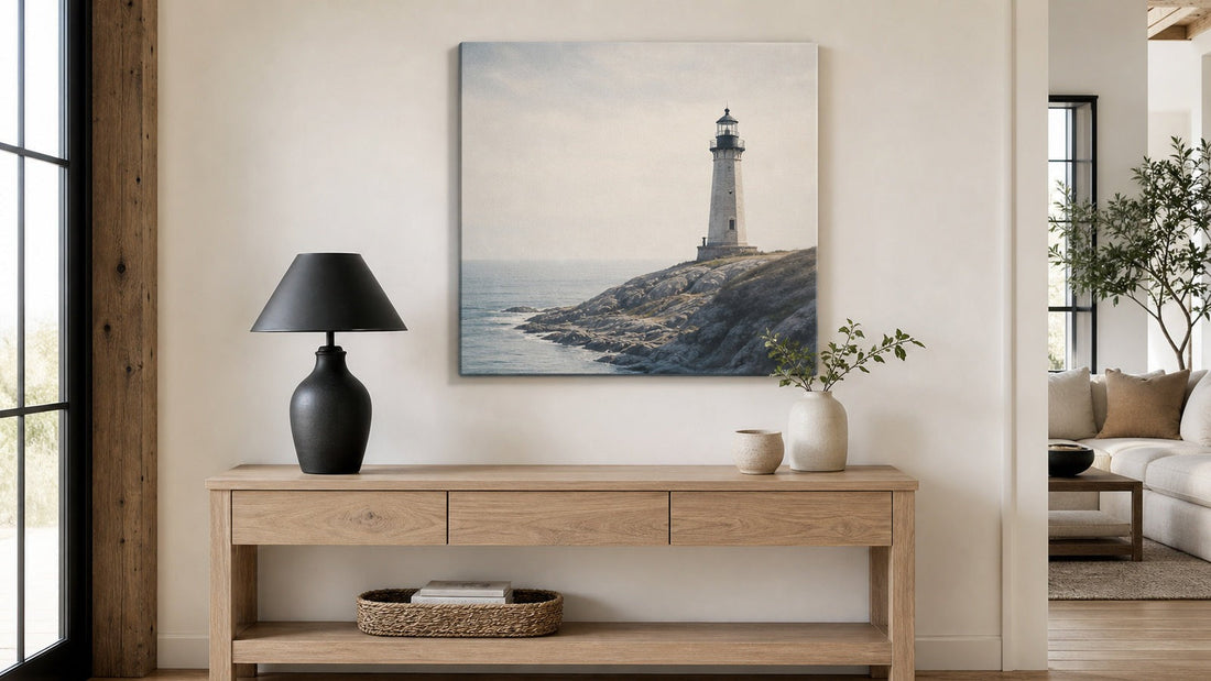 Conceptual interior illustration with lighthouse canvas wall art, shown for styling inspiration rather than an exact purchasable product.