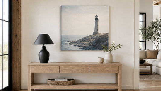 Conceptual interior illustration with lighthouse canvas wall art, shown for styling inspiration rather than an exact purchasable product.