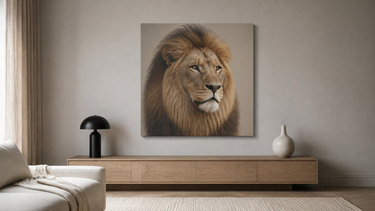 Conceptual interior illustration with lion canvas wall art, shown for styling inspiration rather than an exact purchasable product.