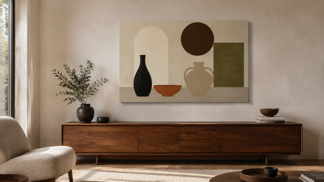 Conceptual room illustration: vessel still life above walnut sideboard with actual objects. Not an exact product for sale.