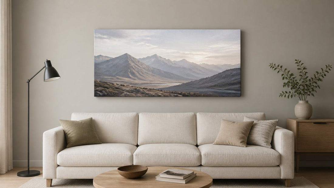 Conceptual interior illustration for mountain wall art; styling inspiration, not an exact purchasable product.