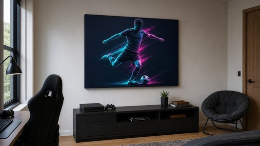 Conceptual interior illustration for neon-look canvas wall art; styling inspiration, not an exact purchasable product.