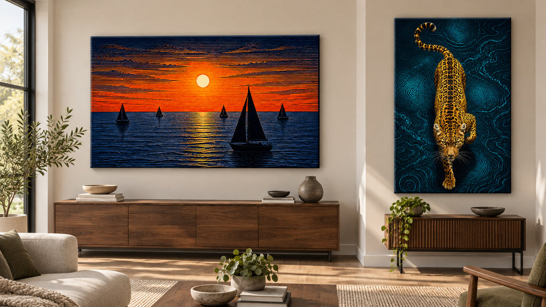 Portrait and landscape canvas wall art shown above furniture of different widths