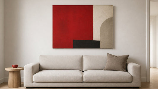 Conceptual interior illustration for red wall art; styling inspiration, not an exact purchasable product.