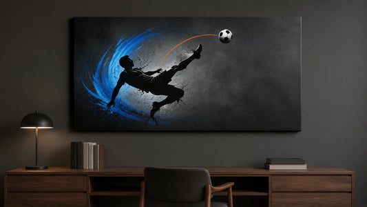 Conceptual room illustration: anonymous readable bicycle-kick pose, ball separated from raised foot. Not an exact product for sale.