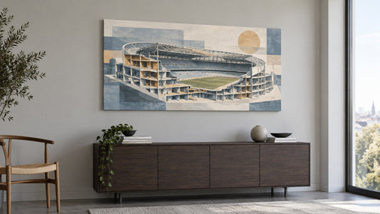 Concept room illustration with stadium cutaway artwork; not an engineering drawing or product photograph