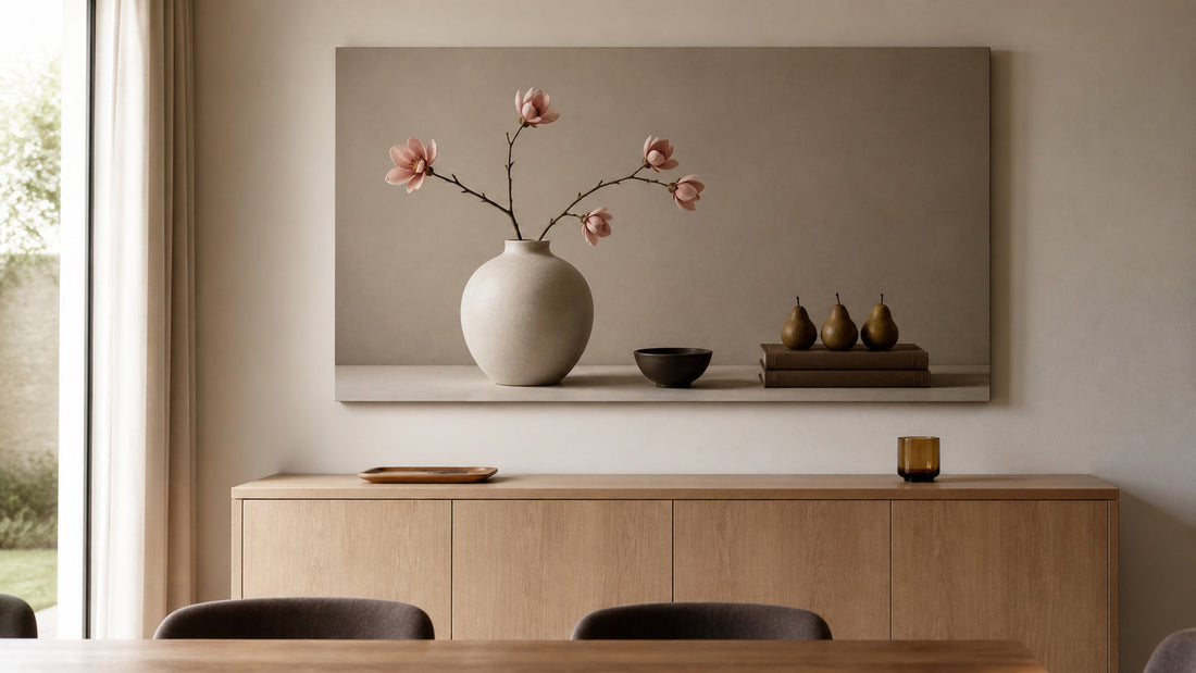Conceptual dining-room illustration of printed still-life canvas with flowers, a vase and books; not an exact product for sale.