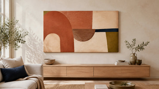 Conceptual room illustration: clay abstract artwork with warm timber, navy counterweight and limited clay accents. Not an exact product for sale.