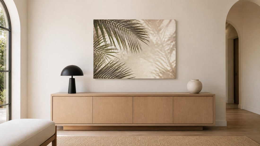 Earth-tone palm canvas in a calm modern living room