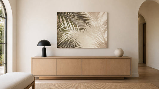 Earth-tone palm canvas in a calm modern living room