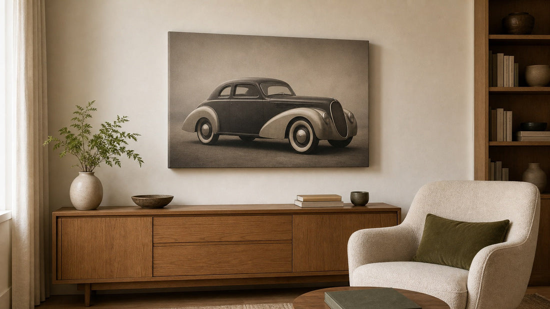 Conceptual interior illustration for vintage car wall art; styling inspiration, not an exact purchasable product.