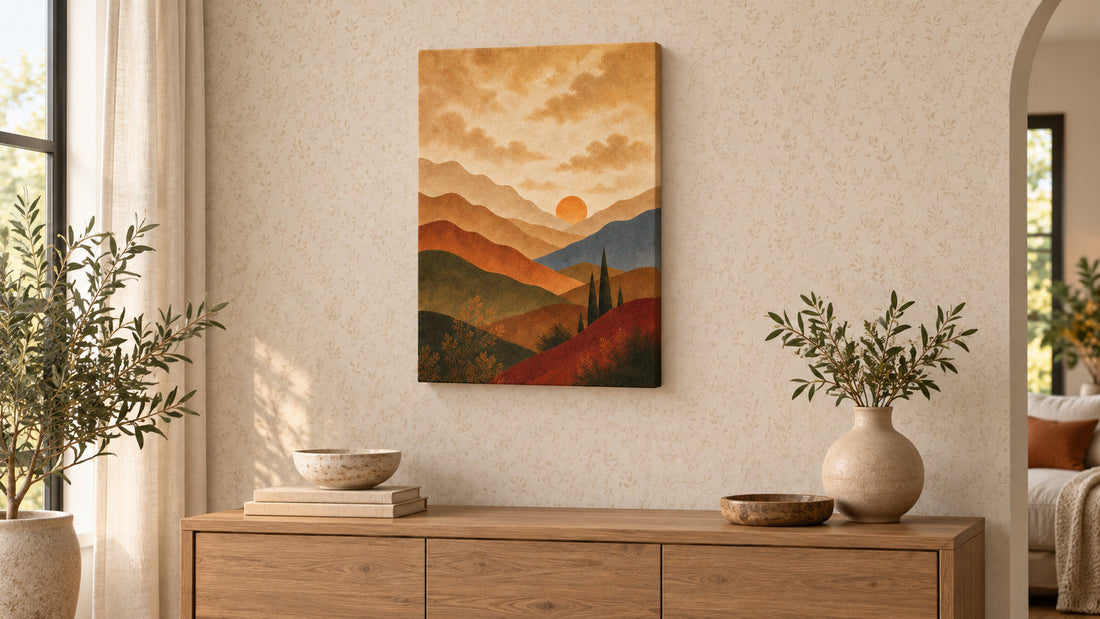Canvas wall art styled on patterned wallpaper above a console