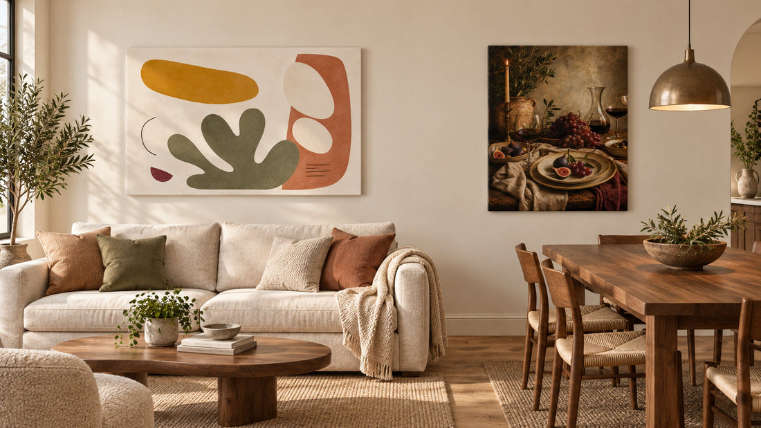 Coordinated wall art across an open-plan living room and dining area