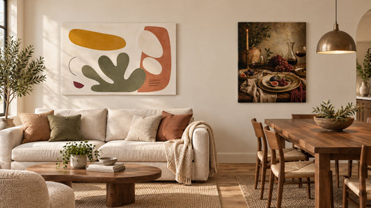 Coordinated wall art across an open-plan living room and dining area