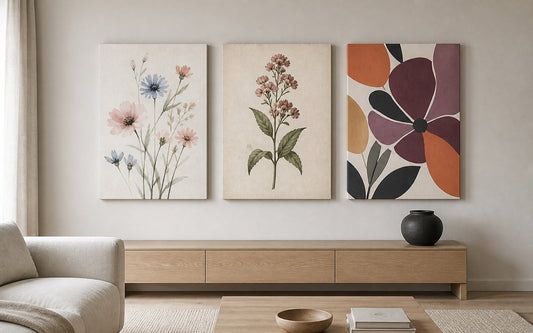 Watercolor wildflower vintage botanical and abstract floral canvas art compared in a neutral modern living room
