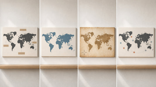 Four decorative world map canvas styles comparing blank-label simplified vintage and data-inspired designs