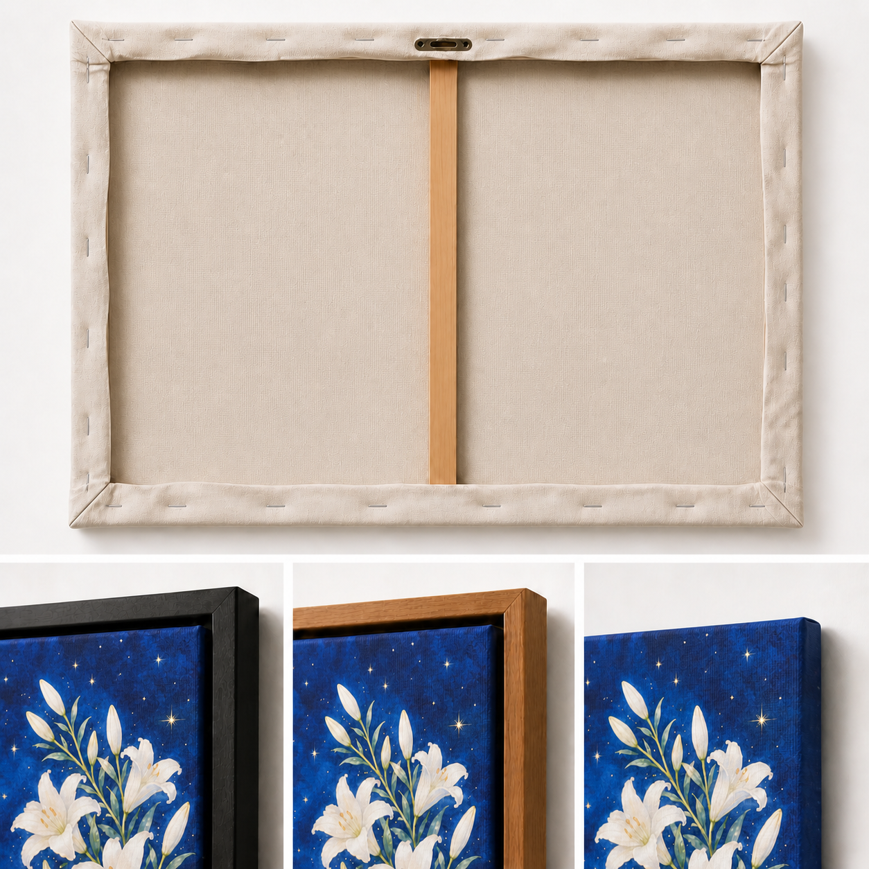 white-lilies-under-a-starry-blue-sky-floating-frame-wall-art | material-detail-closeup