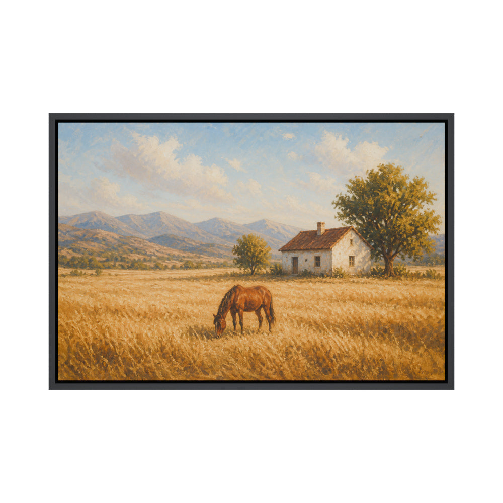 Golden Field Horse and Farmhouse Floating Frame Wall Art - 01_main_product