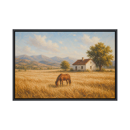 Golden Field Horse and Farmhouse Floating Frame Wall Art - 01_main_product
