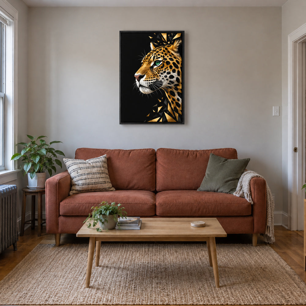 low-poly jaguar profile in black frame room scene