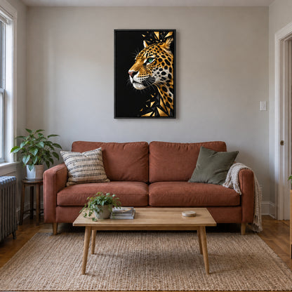 low-poly jaguar profile in black frame room scene