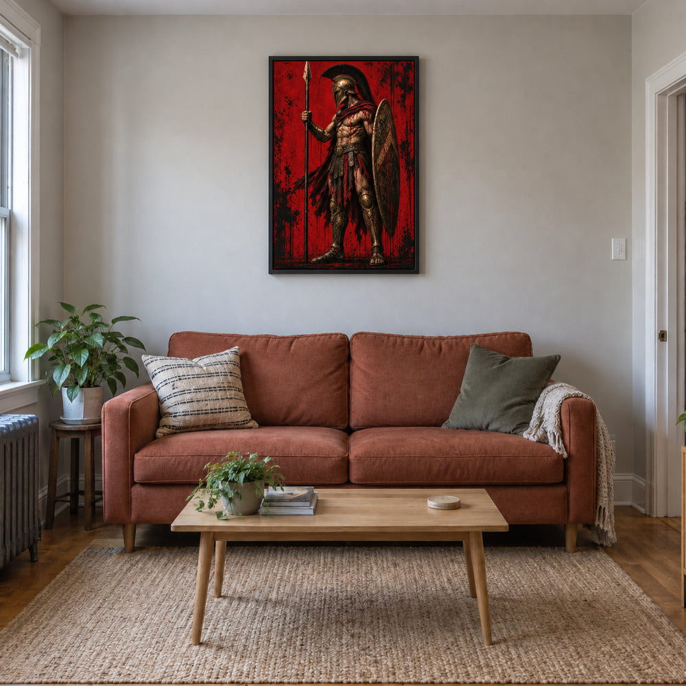 ancient Greek hoplite warrior in crimson grunge composition in black frame room scene