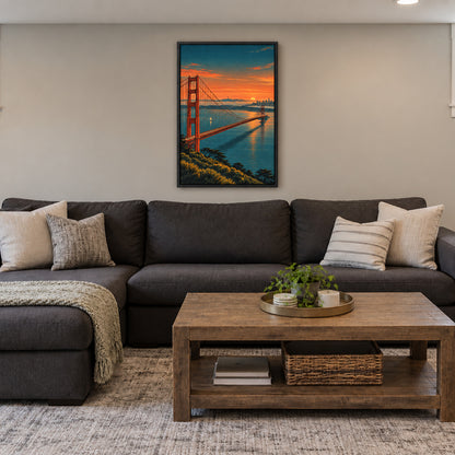 Golden Gate Bridge over bay at dusk from high overlook in black frame room scene