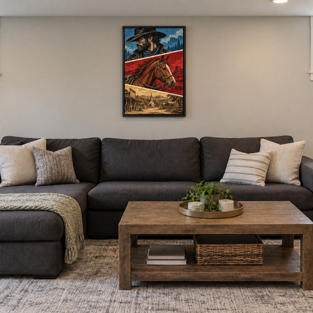 original cowboy horse and frontier buildings three-panel comic in black frame room scene