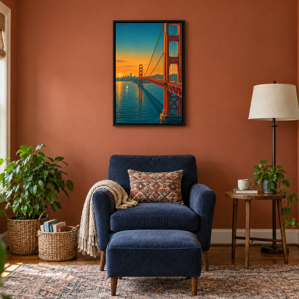 Golden Gate Bridge sunset travel poster from bridge deck in black frame room scene