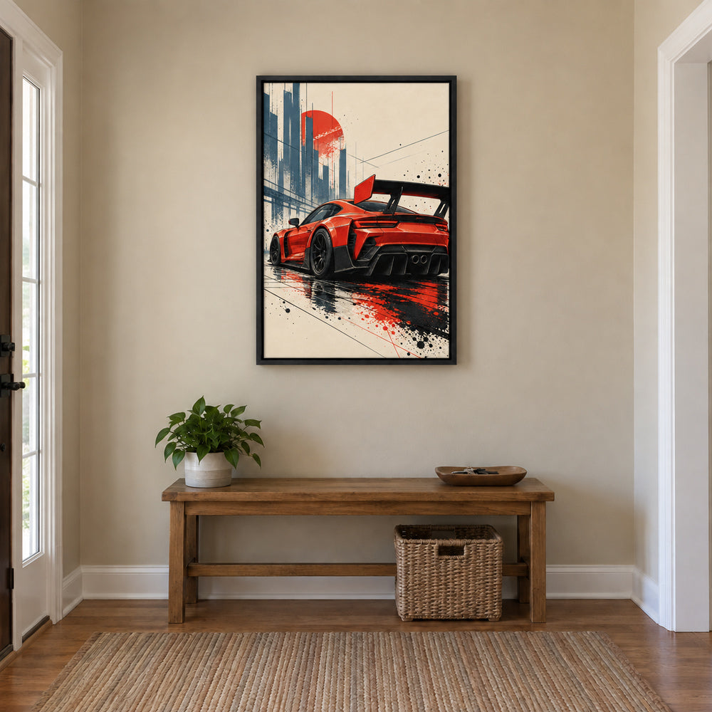 original red-orange track car comic artwork in black frame room scene