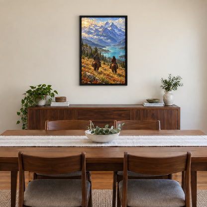 two anonymous Western riders in alpine lake valley in black frame room scene
