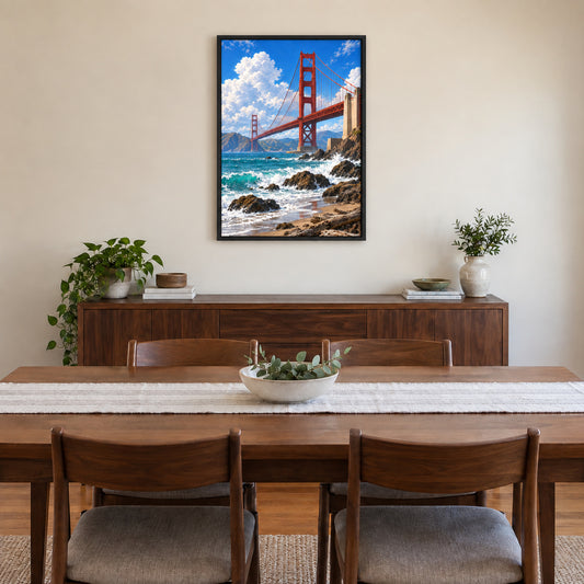 Golden Gate Bridge above rocky coast and breaking waves in black frame room scene