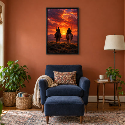 two anonymous cowboys in sunset silhouette in black frame room scene