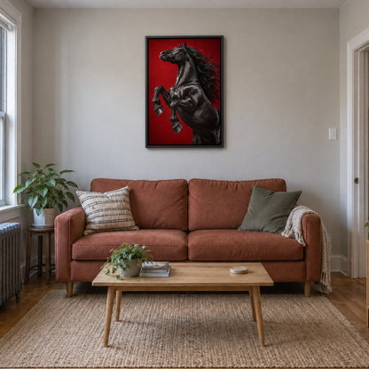 black rearing horse against deep red studio backdrop in black frame room scene