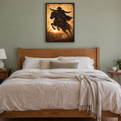 anonymous outlaw cowboy riding horse with twin revolvers in black frame room scene