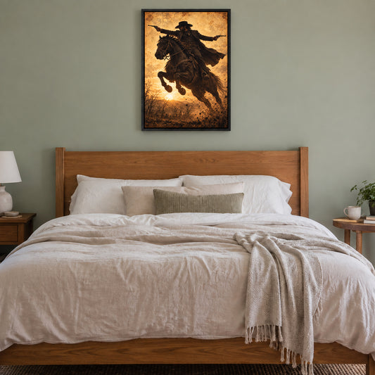 anonymous outlaw cowboy riding horse with twin revolvers in black frame room scene
