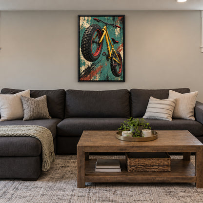 fat-tire bicycle graffiti artwork in black frame room scene