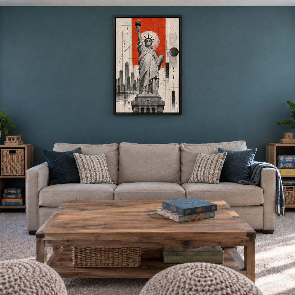 Statue of Liberty architectural collage in black frame room scene