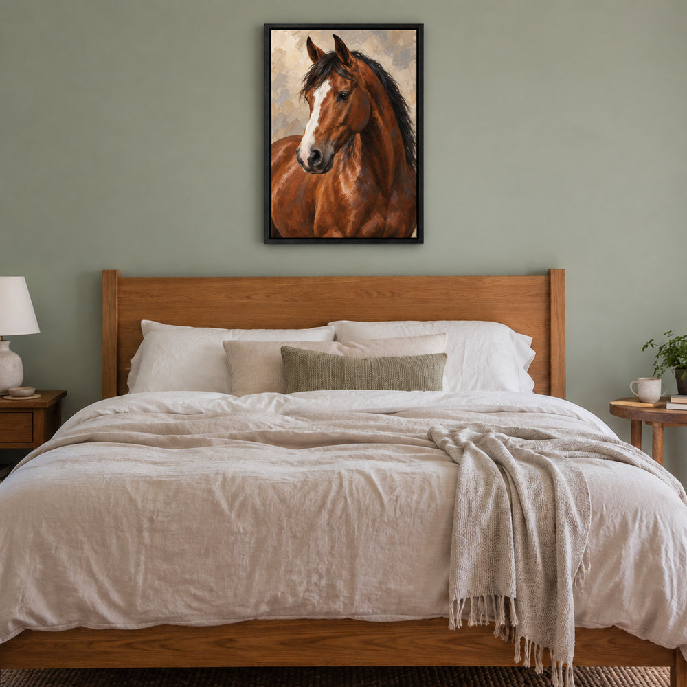 chestnut horse oil-painting-style portrait in black frame room scene