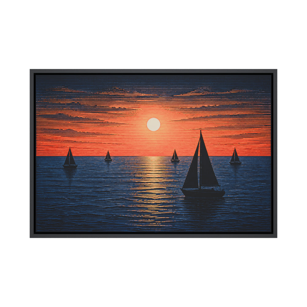 Five Sailboats Sunset Woodcut Floating Frame Wall Art - 01_main_product