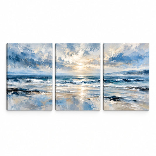 Misty Blue Coastal Horizon Abstract Triptych Wrapped Canvas Wall Art - 01 main