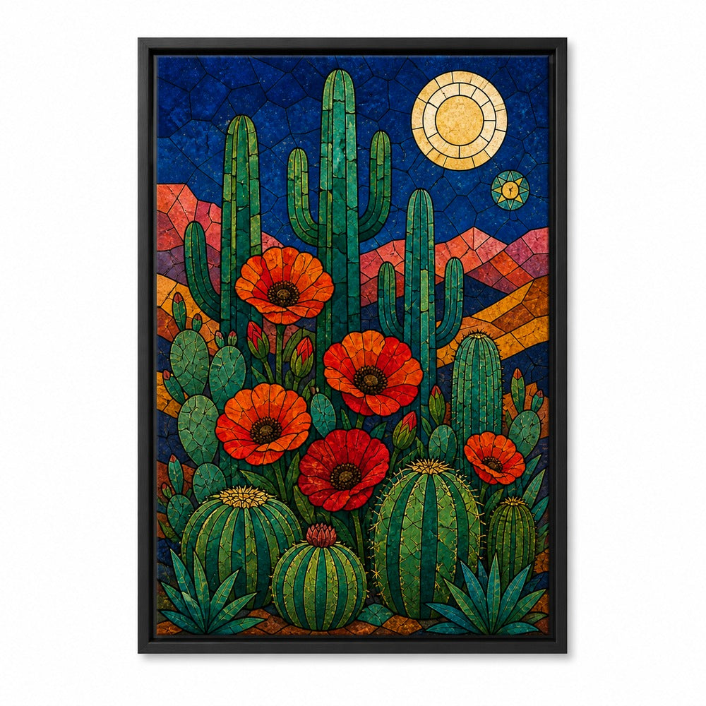 Stained Glass Desert Cactus and Poppy Wall Art | Black Frame main white