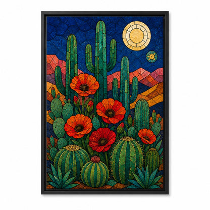 Stained Glass Desert Cactus and Poppy Wall Art | Black Frame main white