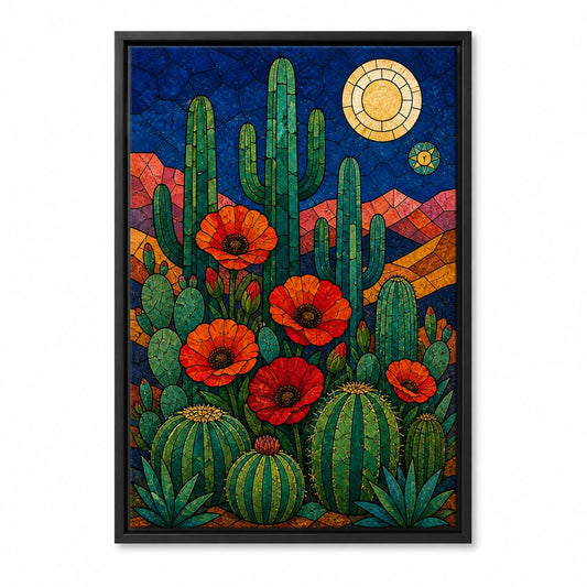 Stained Glass Desert Cactus and Poppy Wall Art | Black Frame main white