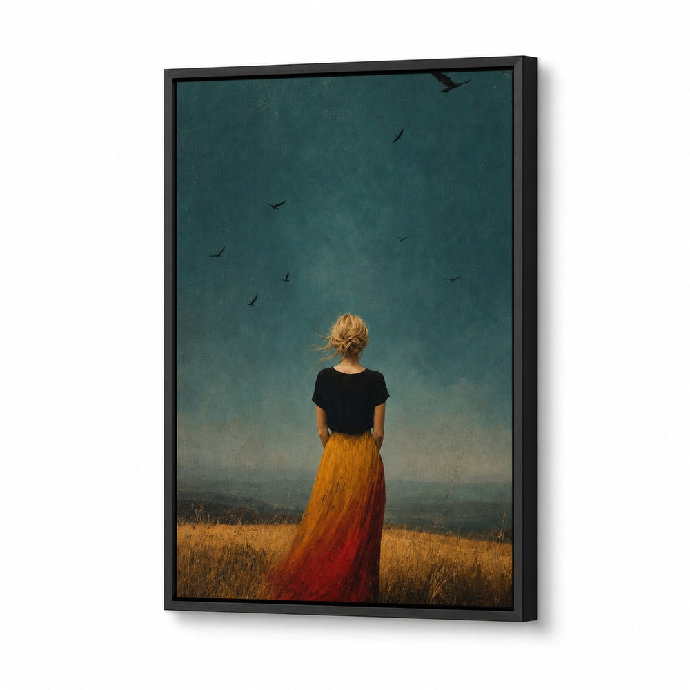 Blonde Woman Gold Grass Teal Sky Wall Art floating frame wall art - 01_main_white_left_wra