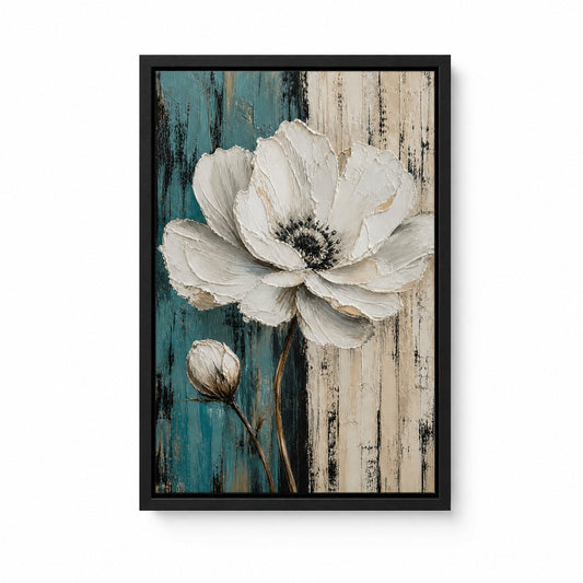 White Flower Blue Beige Stripes Floater Frame Canvas Wall Art - floral wall decor by JOJOShop