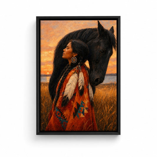 Indigenous Woman and Black Horse Floater Frame Canvas Wall Art — main artwork in a black floater frame