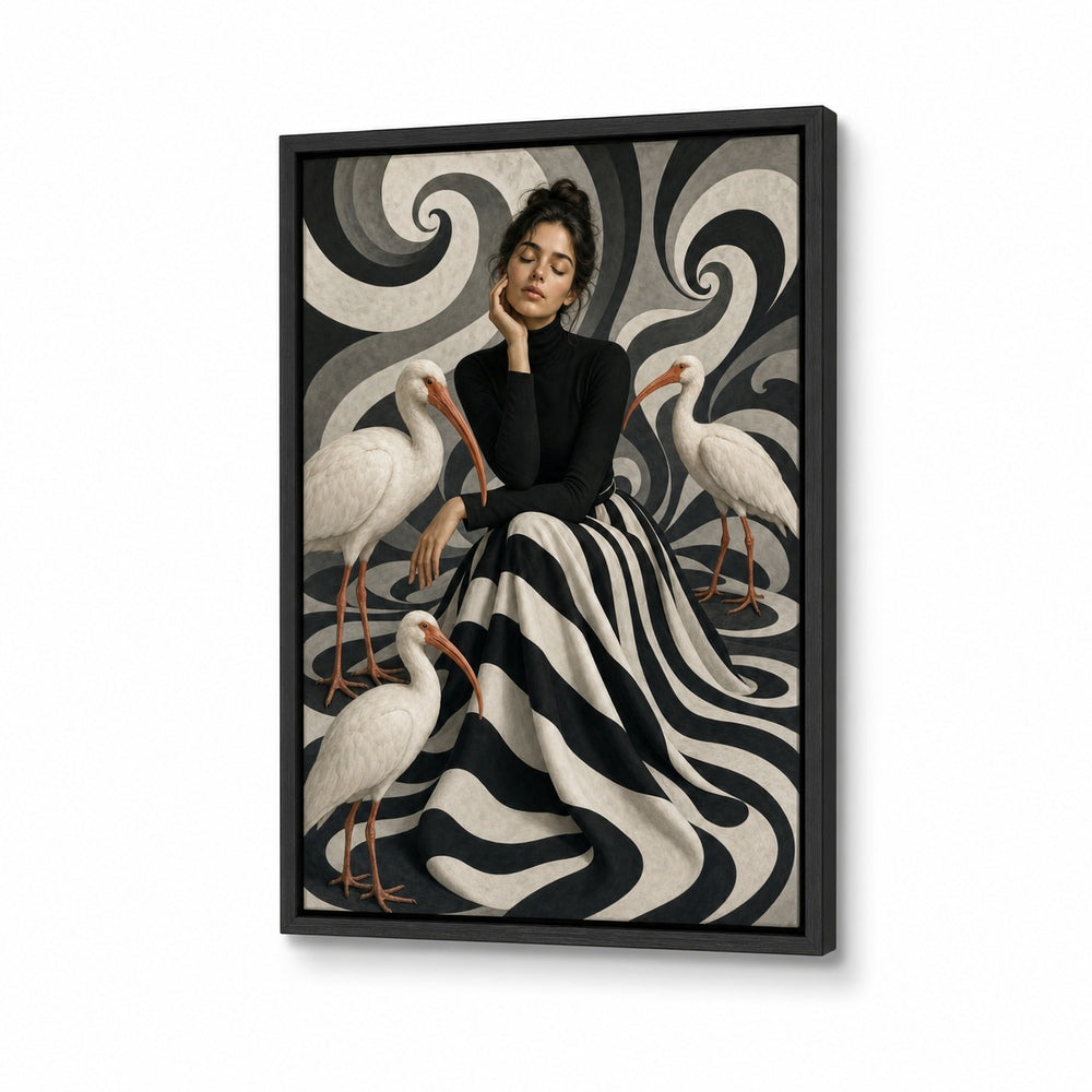 Woman Black White Stripes White Birds Floater Frame Canvas Wall Art - canvas wall art by AUSJOJO