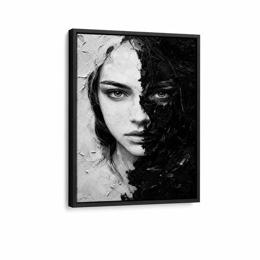 Black White Impasto Split Face Floater Frame Canvas Wall Art — main artwork in a black floater frame